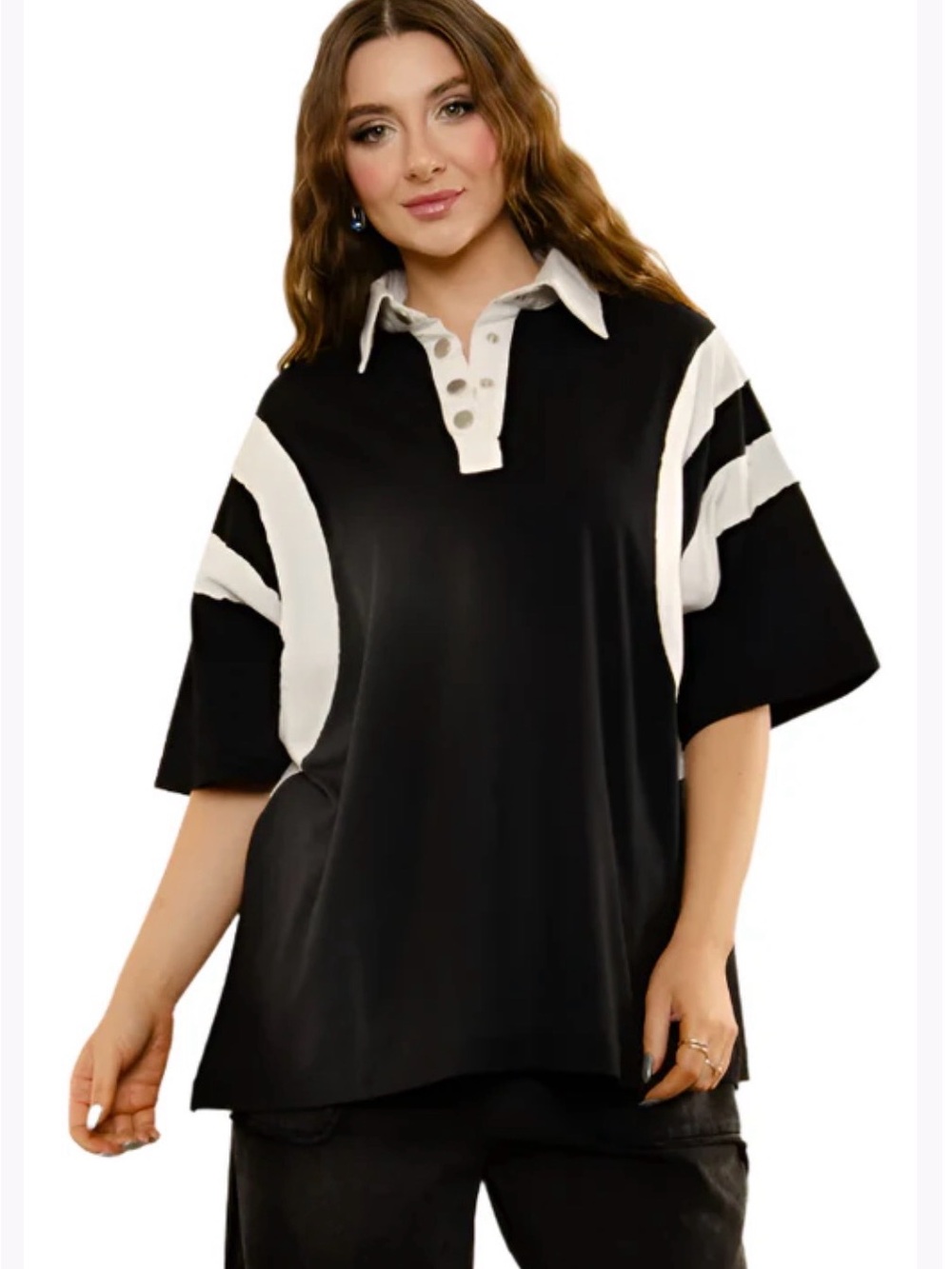 Blue Velvet Black and White Polo-Style Oversized Women’s Top Size Small NEW